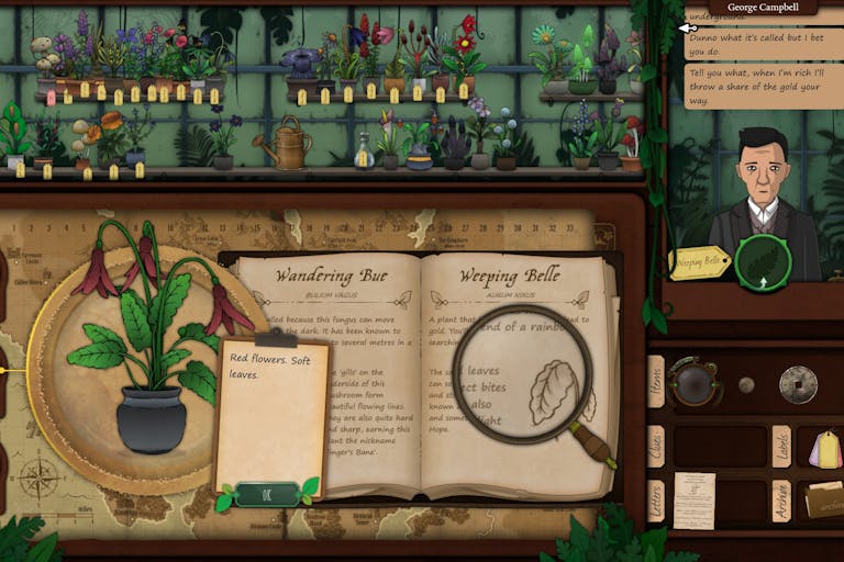 Video game scene of shelves filled with plants and an old-fashioned looking book. 