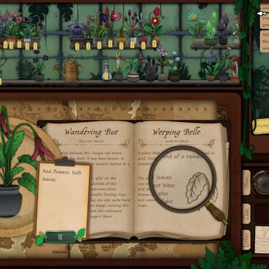 Video game scene of shelves filled with plants and an old-fashioned looking book. 