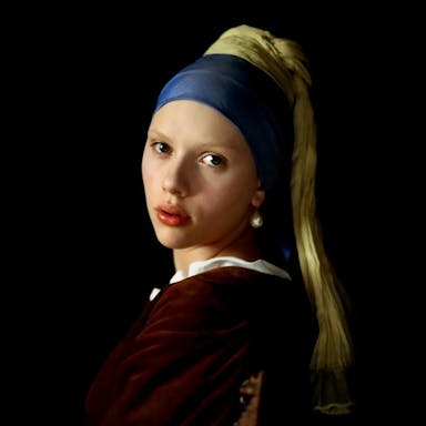 A pale young girl with a yellow headscarf and thick blue head wrap wearing a pearl earring, looking over her shoulder at the audience 