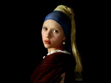 A pale young girl with a yellow headscarf and thick blue head wrap wearing a pearl earring, looking over her shoulder at the audience 