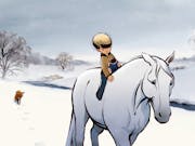 Illustration of a young boy holding a mole, riding a white horse through a snowy landscape, and being followed by a fox.