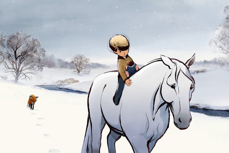 Illustration of a young boy holding a mole, riding a white horse through a snowy landscape, and being followed by a fox. 
