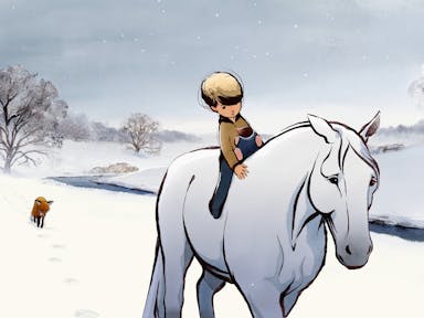 Illustration of a young boy holding a mole, riding a white horse through a snowy landscape, and being followed by a fox. 
