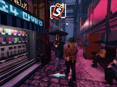 People sit under umbrellas in a video game screenshot