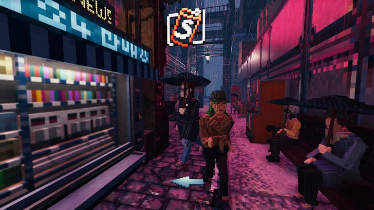 people sit under umbrellas in a video game screenshot