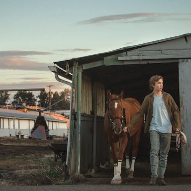 A young white boy leads a brown horse out of stable in soft twilight