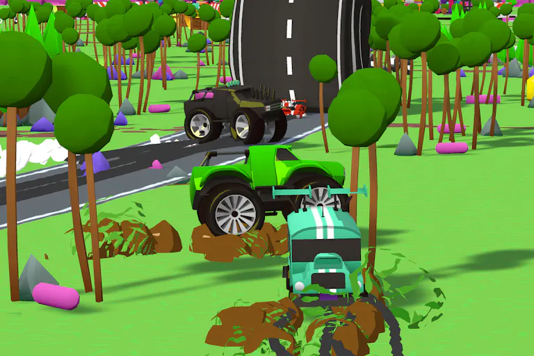 Bright cartoonish colourful gameplay of cars driving a green landscape with a black road leading vertically into the sky