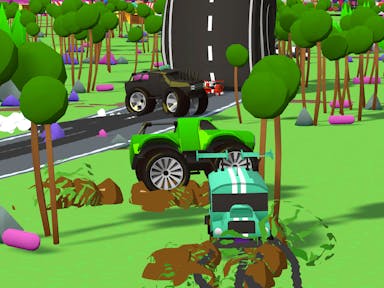 Bright cartoonish colourful gameplay of cars driving a green landscape with a black road leading vertically into the sky