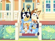 Colourful animation of a family of blue and light brown dogs