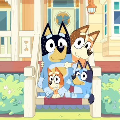 Colourful animation of a family of blue and light brown dogs