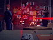 Gameplay of a tall redheaded man and a shorter black woman looking at an investigation board with red laser lines in a geometric pattern making connections between the pinned images and documents