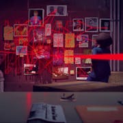 Gameplay of a tall redheaded man and a shorter black woman looking at an investigation board with red laser lines in a geometric pattern making connections between the pinned images and documents