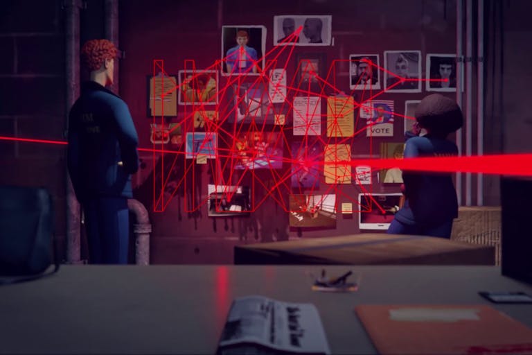 Gameplay of a tall redheaded man and a shorter black woman looking at an investigation board with red laser lines in a geometric pattern making connections between the pinned images and documents 
