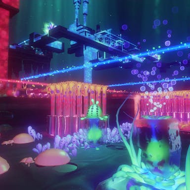 video game scene of a neon fantasy world