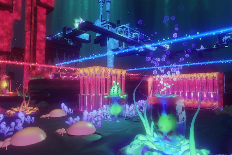 video game scene of a neon fantasy world