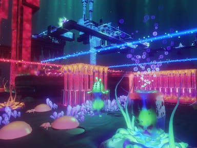 video game scene of a neon fantasy world