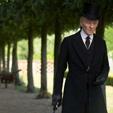 A tall man in long black coat and top hat, walking with a cane through a large stately garden between two lines of trees