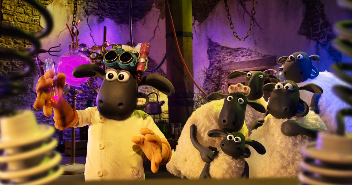 An animated sheep in a lab jacket holding a test tube, with several sheep standing behind with scared looks on their faces