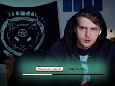 Live action gameplay of a young white man in a hoodie with a ritualistic wall hanging in the background, with game options 'reveal your evidence' and 'keep it secret'