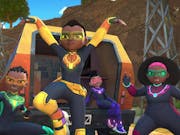 Animation of four young Black kids in superhero suits in fighting poses