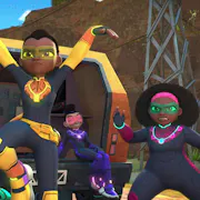Animation of four young Black kids in superhero suits in fighting poses