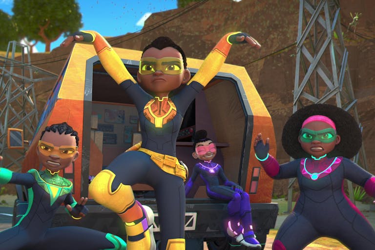 Animation of four young Black kids in superhero suits in fighting poses