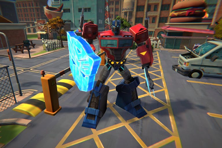 Gameplay of a red transformers robot holding a luminous shield, standing in a car park ready for action