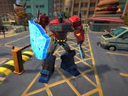 Gameplay of a red transformers robot holding a luminous shield, standing in a car park ready for action