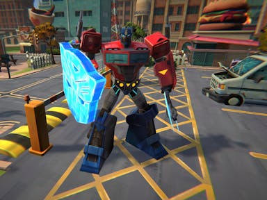 Gameplay of a red transformers robot holding a luminous shield, standing in a car park ready for action 