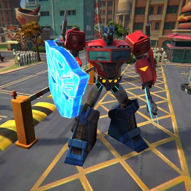 Gameplay of a red transformers robot holding a luminous shield, standing in a car park ready for action 