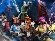 Animated game play of a range of characters in ghostbusting boiler suits holding devices, with a skull-faced ghost in the background