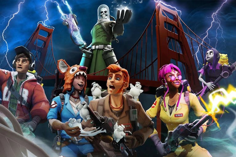 Animated game play of a range of characters in ghostbusting boiler suits holding devices, with a skull-faced ghost in the background