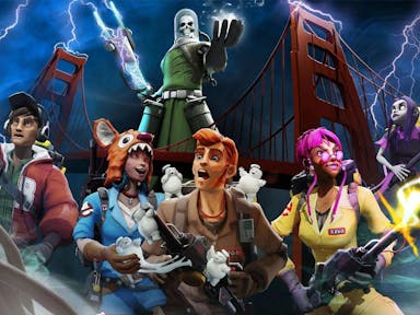 Animated game play of a range of characters in ghostbusting boiler suits holding devices, with a skull-faced ghost in the background