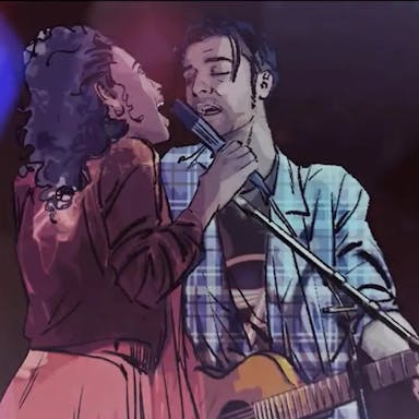 Game still of a young Black woman and a young white man playing guitar, sharing a microphone singing into it, sketchbook style animation