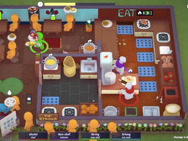 Birds eye view of game play of featureless figures in in a restaurant and some players in the kitchen cooking and serving up food