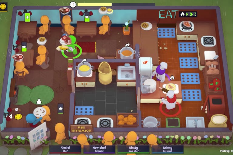 Birds eye view of game play of featureless figures in in a restaurant and some players in the kitchen cooking and serving up food