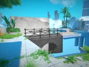 Game play of world building, a black and white bridge stitched to a colourful, tropical bridge