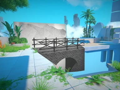 Game play of world building, a black and white bridge stitched to a colourful, tropical bridge