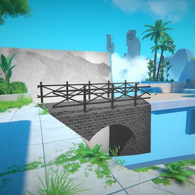 Game play of world building, a black and white bridge stitched to a colourful, tropical bridge