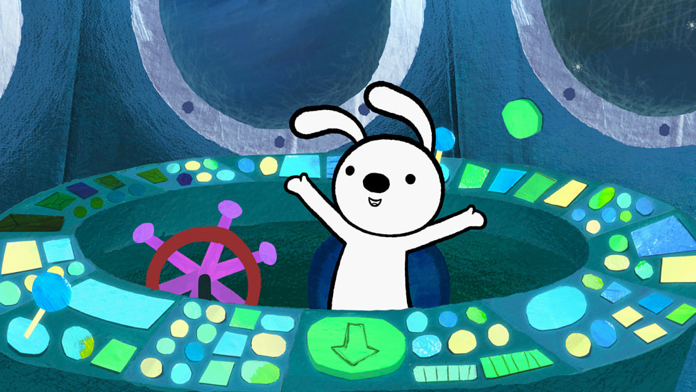 A 2D animation of a white bunny, standing upright with its front arms up. The bunny is on the inside of a spaceship in space standing within a circle of blue, green and yellow buttons