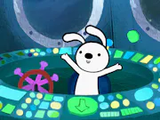 A 2D animation of a white bunny, standing upright with its front arms up. The bunny is on the inside of a spaceship in space standing within a circle of blue, green and yellow buttons