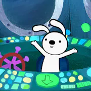 A 2D animation of a white bunny, standing upright with its front arms up. The bunny is on the inside of a spaceship in space standing within a circle of blue, green and yellow buttons