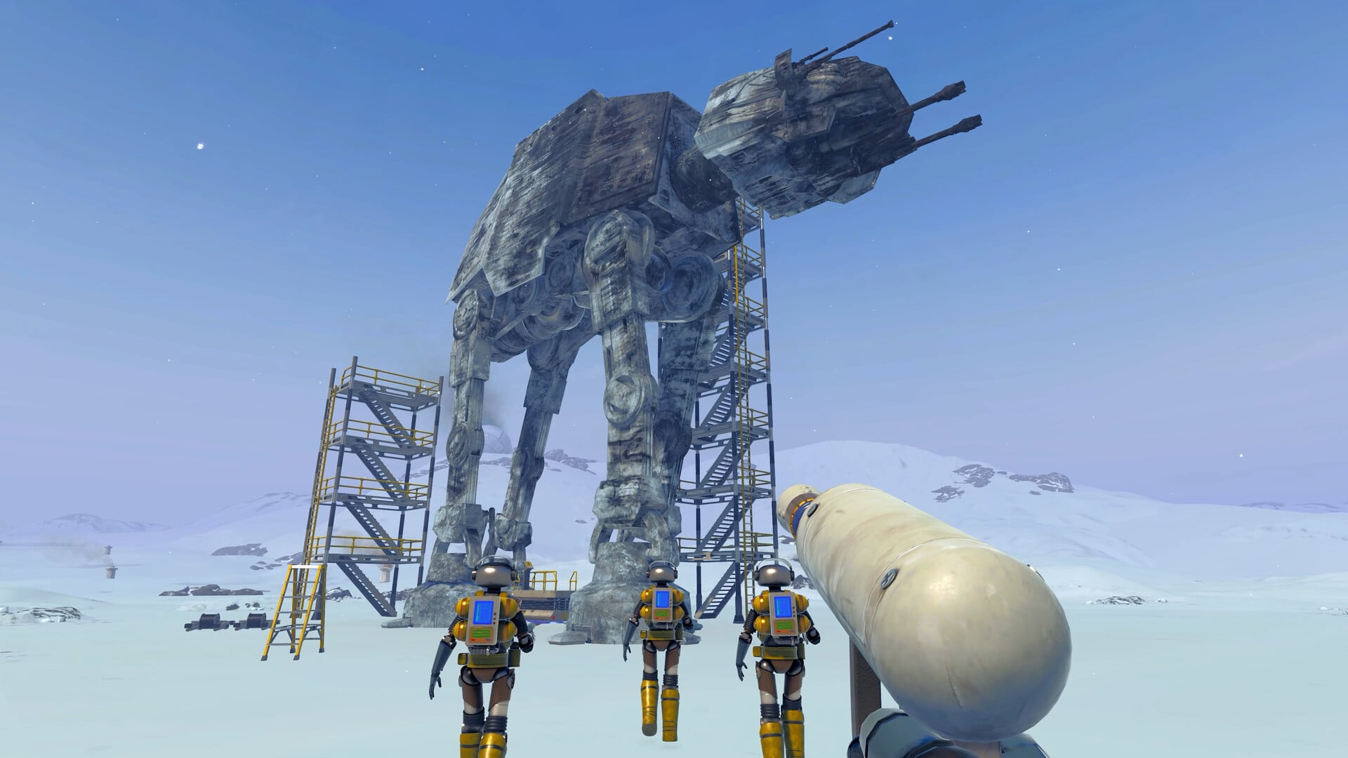 3 robots approaching a large dog-shaped structure with guns on its head, seemingly mid-construction