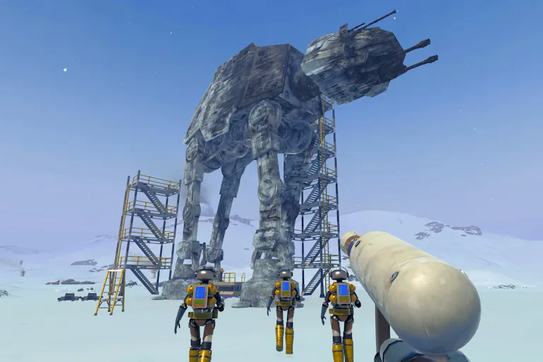 3 robots approaching a large dog-shaped structure with guns on its head, seemingly mid-construction