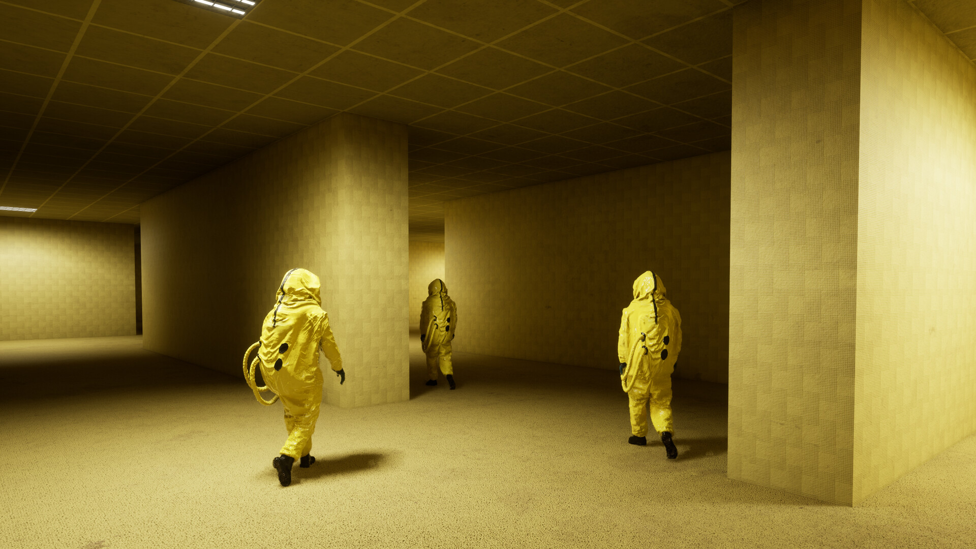 Three people is hazmat suits running through a completely vacant dark building with tall yellow walls