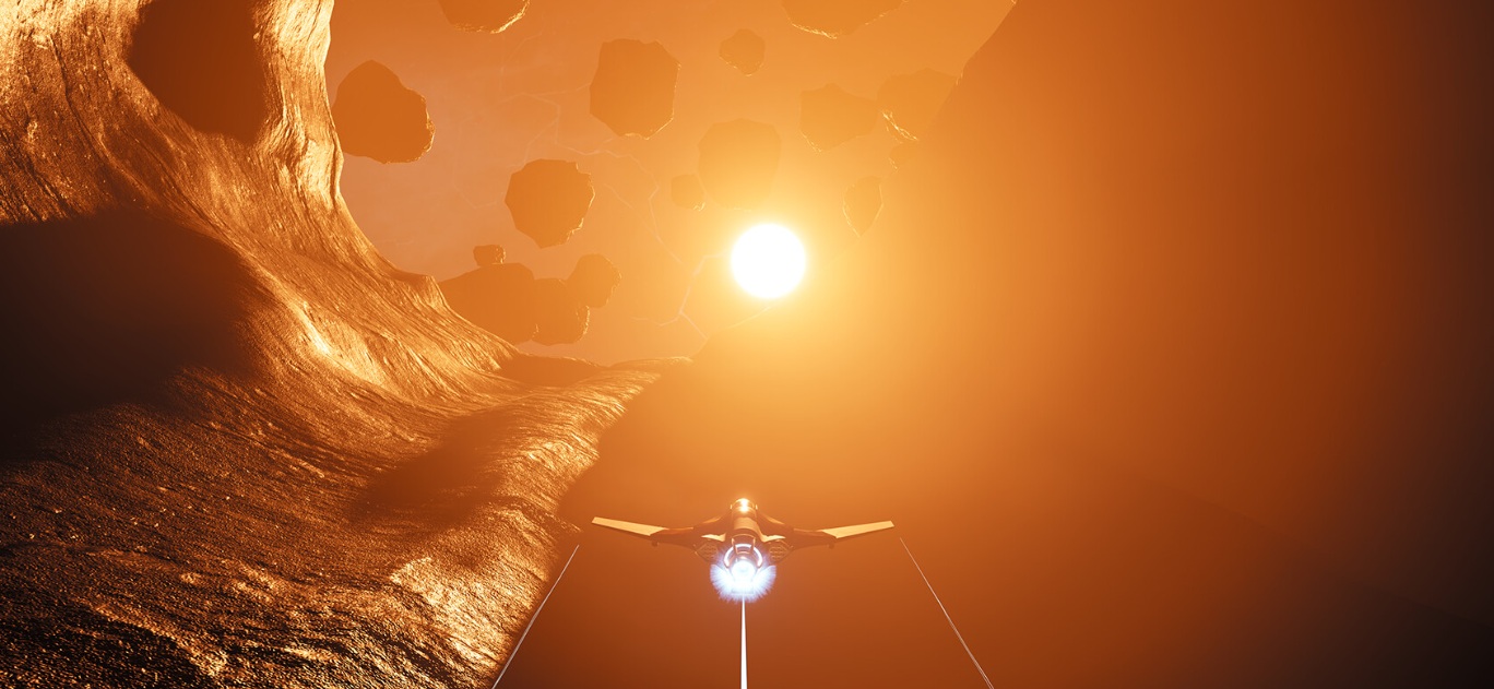 A space ship flying past space boulders, in the direction of the sun