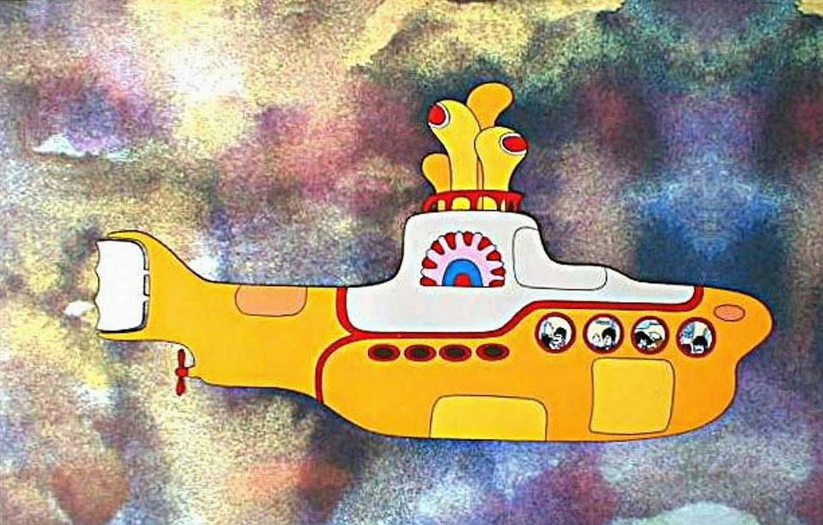 A 2D animation of a yellow and white submarine floating in a watercolour sea of blues, reds, yellows and greens