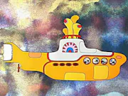 A 2D animation of a yellow and white submarine floating in a watercolour sea of blues, reds, yellows and greens