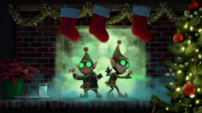 Two elves with green glowing googles standing in a foggy Christmas decorated room