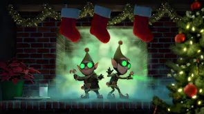 Two elves with green glowing googles standing in a foggy Christmas decorated room